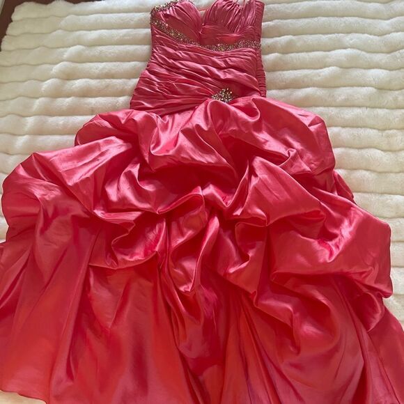 Night Moves strapless Flamingo Corset Ball Gown lace up back ruffle bottom SZ4 - Picture 1 of 11